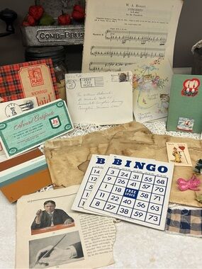 Vintage Bingo Card and Ephemera Bundle - Blue & Cream